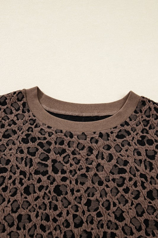 Leopard Ribbed Trim Long Sleeve Top