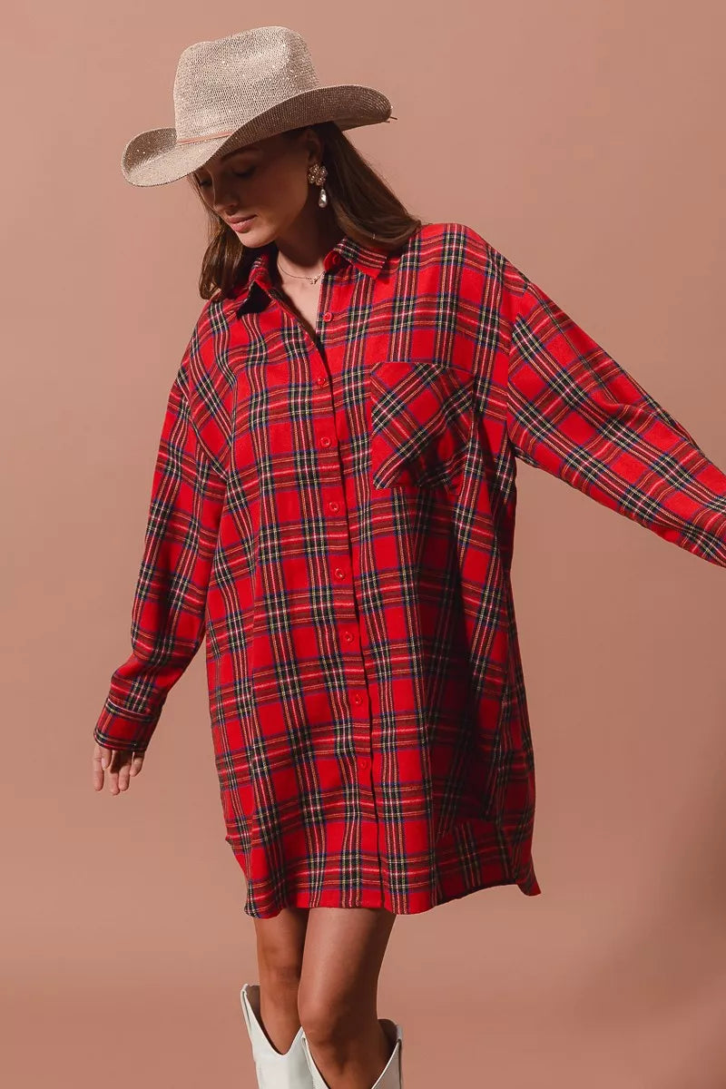 SO ME Christmas Checker Plaid Button Up Shirt Dress