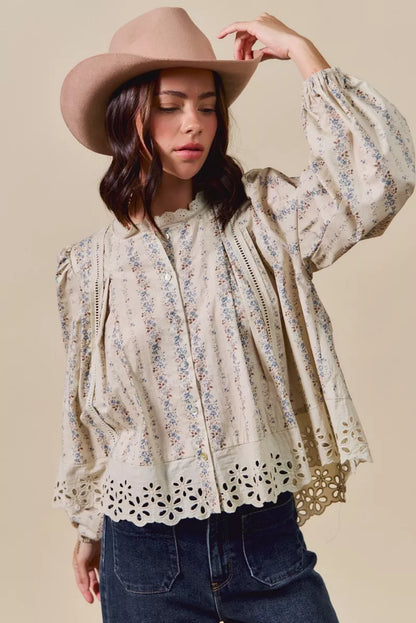 SO ME Floral Print Lace Button Down Shirt