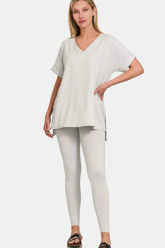 Zenana V-Neck Rolled Short Sleeve T-Shirt and Leggings Lounge Set in Cement