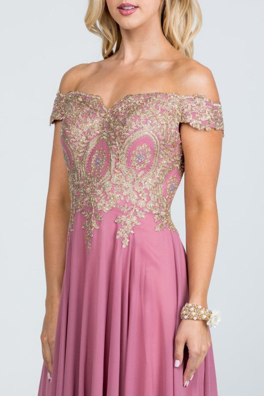 La Scala Off Shoulder Chiffon Gown with Lace Appliques