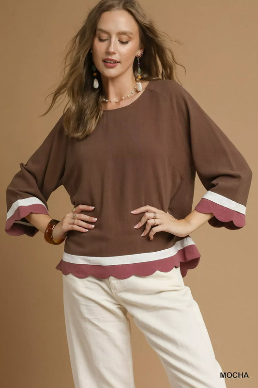 Umgee Scalloped Hem Color Block Top