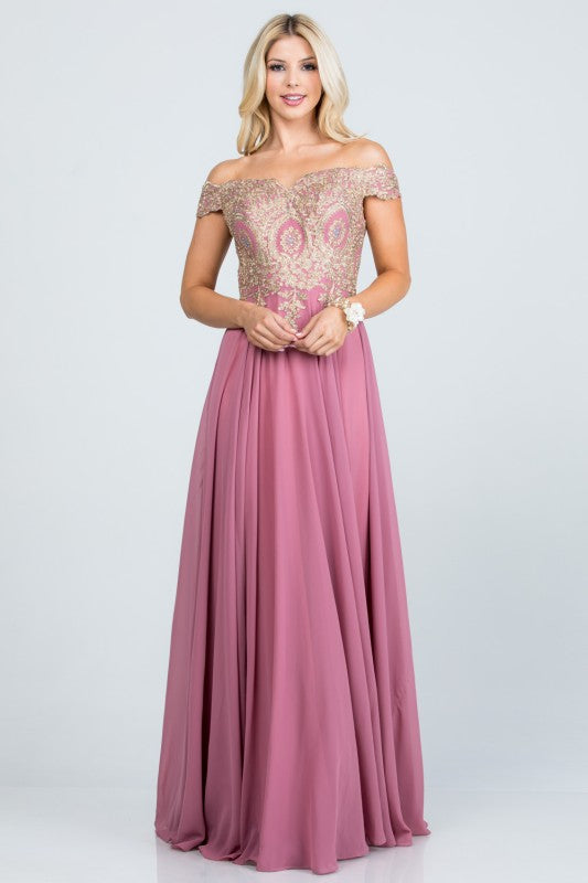 La Scala Off Shoulder Chiffon Gown with Lace Appliques