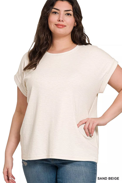 Zenana Full Size Cotton Modal Slub Rolled Sleeve T-Shirt Plus Size in Beige