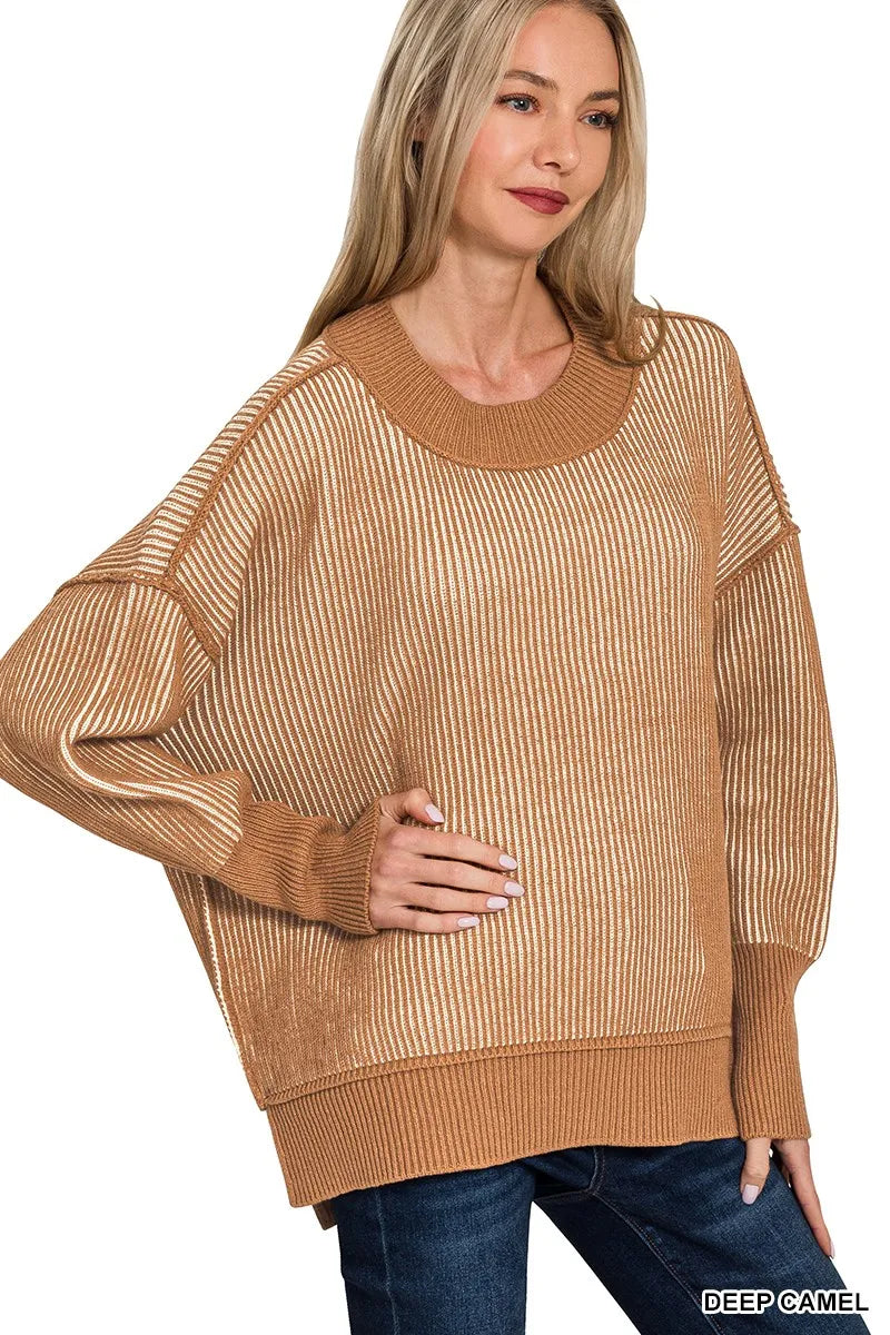 Zenana Exposed Seam Two Tone Ribbed Sweater