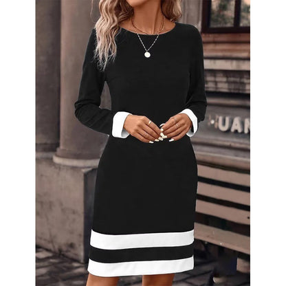 Fitted Color-Block Long-Sleeve Dress with Round Neckline