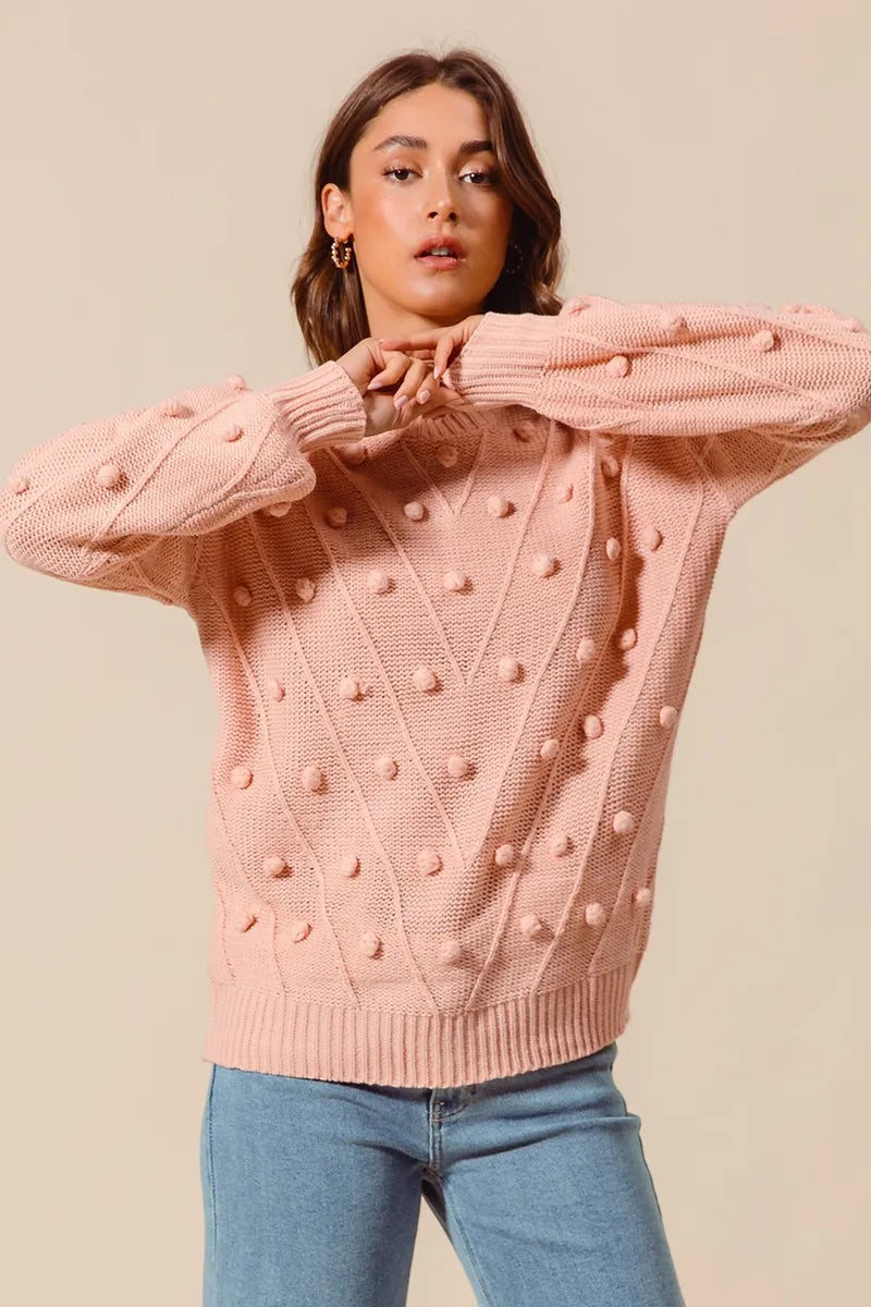 SO ME Pom Pom Textured Knit Sweater Top