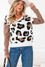 Leopard Colorblock Drop Shoulder V-Neck Sweater