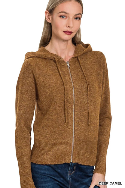 Zenana Drawstring Zip Up Hooded Cardigan