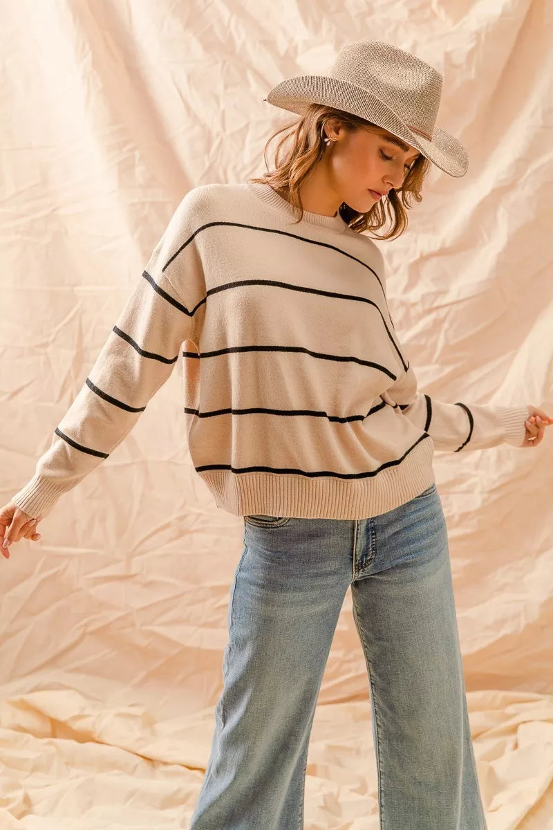 SO ME Stripe Crew Neck Basic Essential Sweater