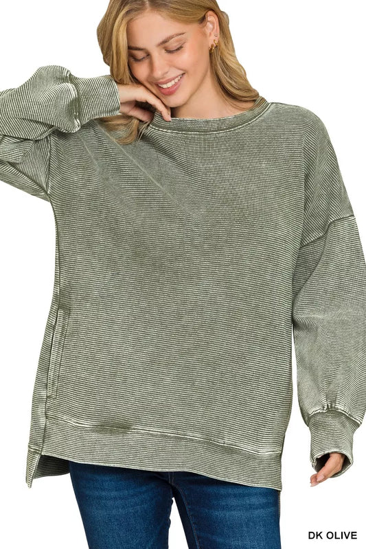 Zenana Full Size Acid Washed Double Ribbed Hi-low Sweatshirt Plus Size in Olive