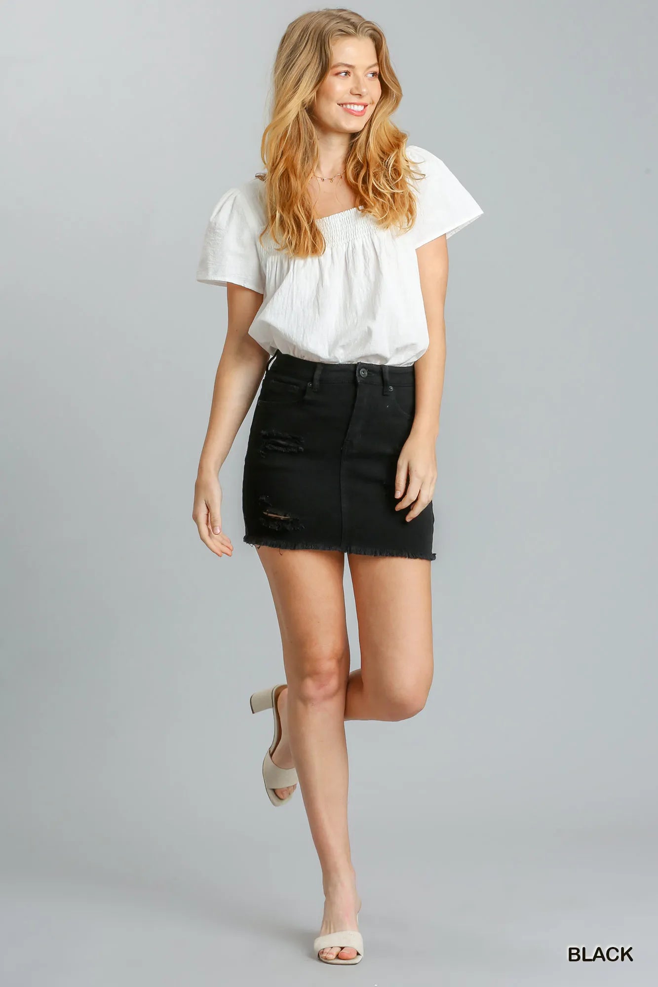 Umgee Distressed Raw Hem High Waist Denim Skirt