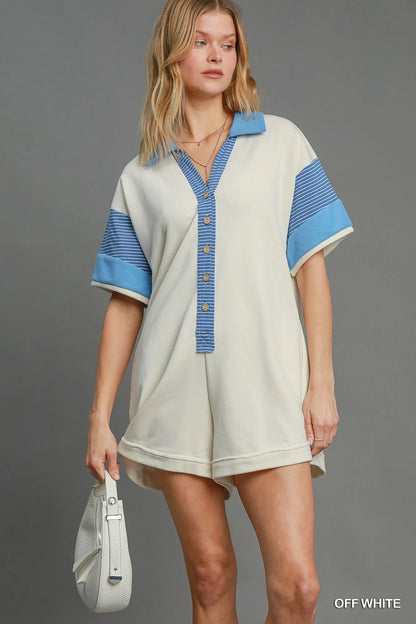 Umgee French Terry Collared Colorblock Romper in Off White