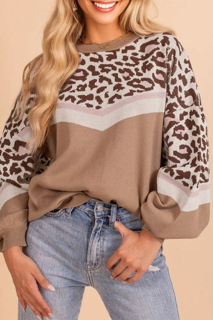 Leopard Colorblock Puff Sleeve Sweater