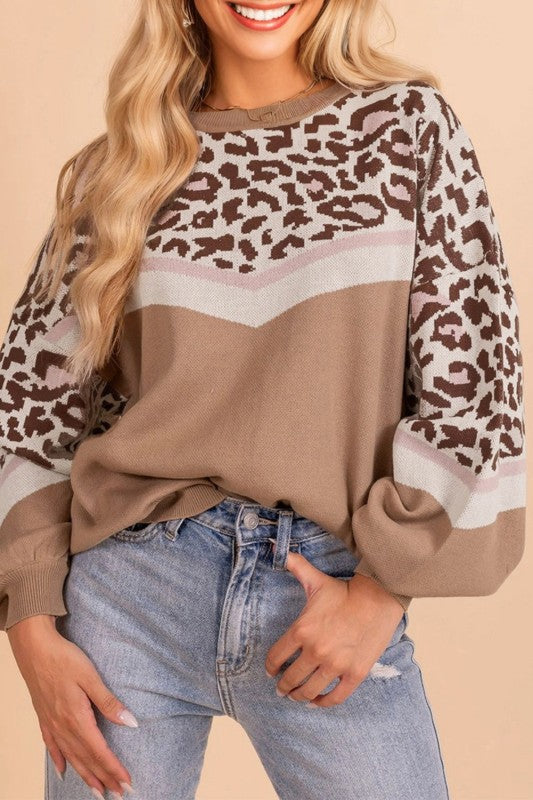 Leopard Colorblock Puff Sleeve Sweater
