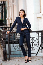 Blazer azul marino de botonadura sencilla con solapas de pico – Chaqueta de sastre para mujer