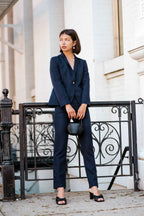 Blazer azul marino de botonadura sencilla con solapas de pico – Chaqueta de sastre para mujer