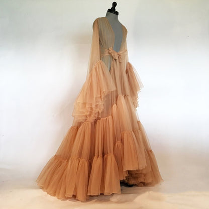 Tulle Ruffled Sleeves Layered Fringe Long Robe Dress