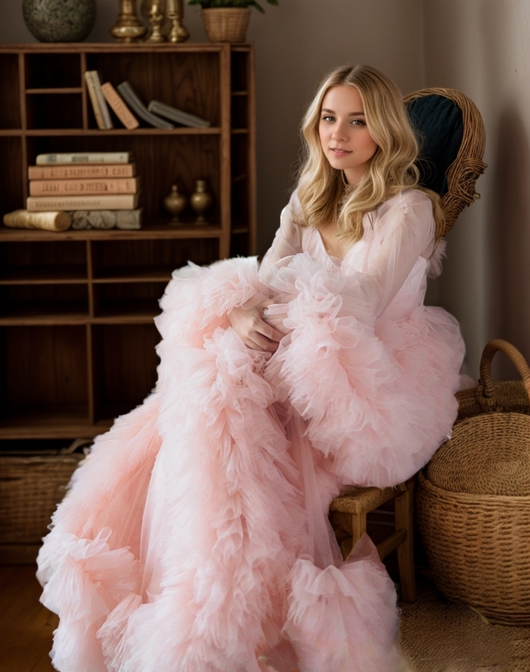 Tulle Ruffled Sleeves Fringe Multi-Color Custom Robe Dress for Theme Photo Shoot