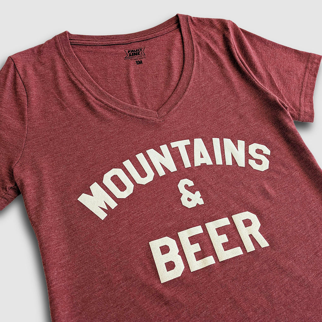 Women's Mountains & Beer V-Neck Tee - Maroon/Ivory - Lolomo!