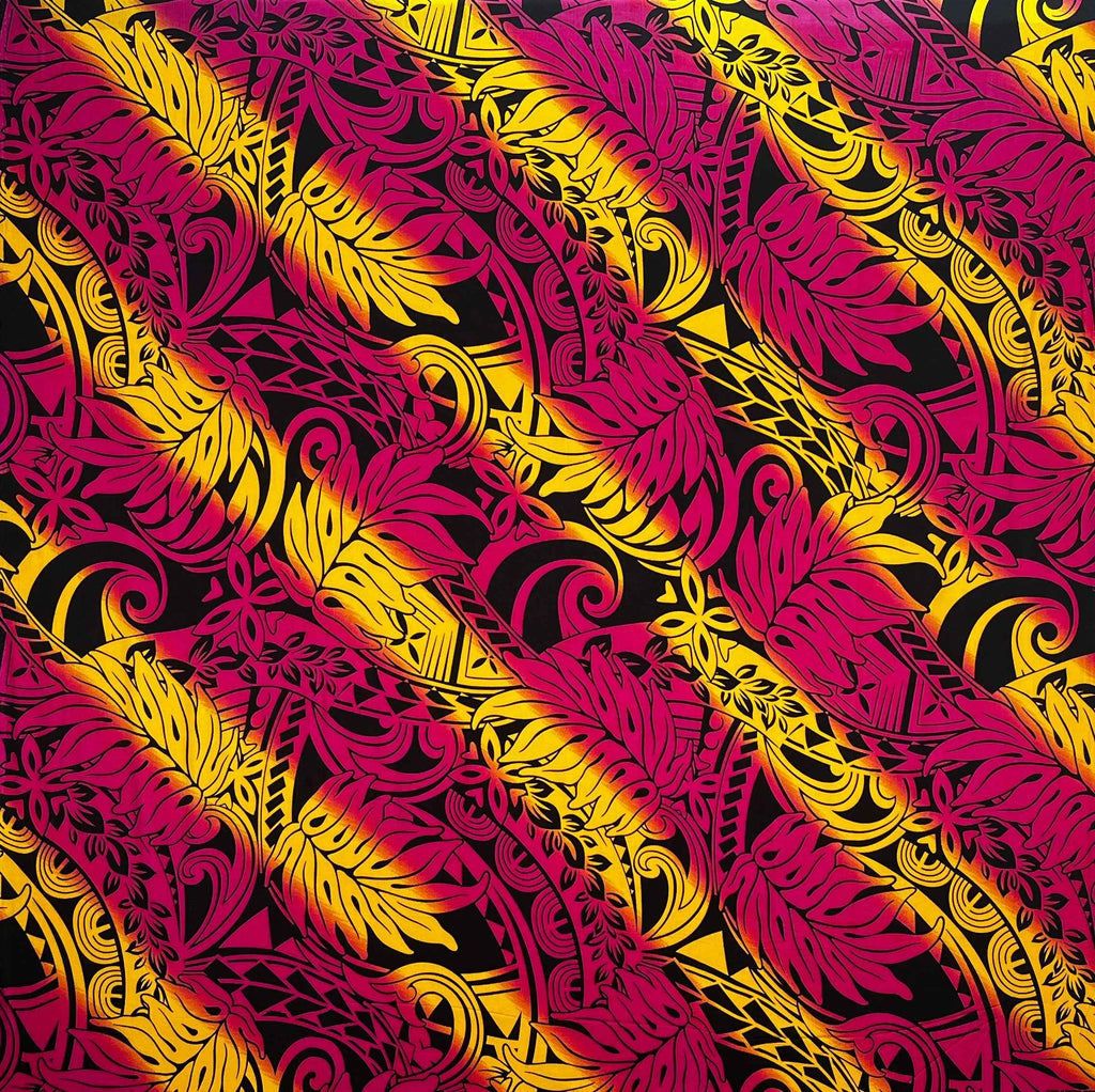 Diagonal Traditional Tattoo Gradient design with Tropical Leaves Rayon Poplin Fabric | Islands Fabric
