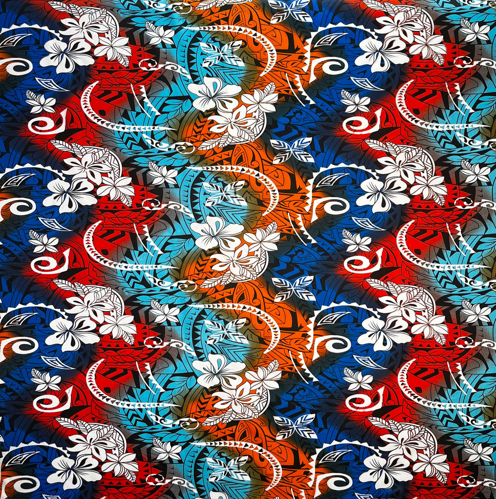 Tissu polyester multicolore à motifs traditionnels de tatouages ​​et de frangipanier | Tissus Islands