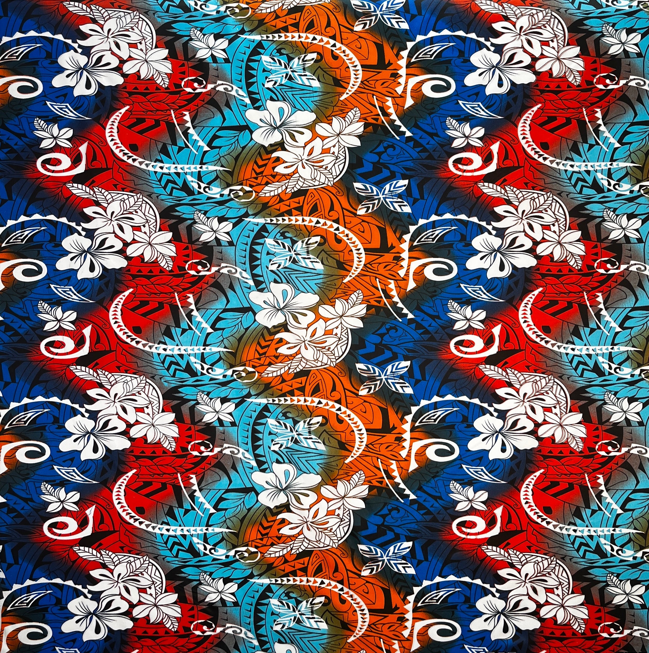Multicolored Traditional Tattoo & Plumeria Design Polyester Fabric | Islands Fabric