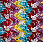 Tissu polyester multicolore à motifs traditionnels de tatouages ​​et de frangipanier | Tissus Islands