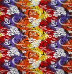 Tissu polyester multicolore à motifs traditionnels de tatouages ​​et de frangipanier | Tissus Islands