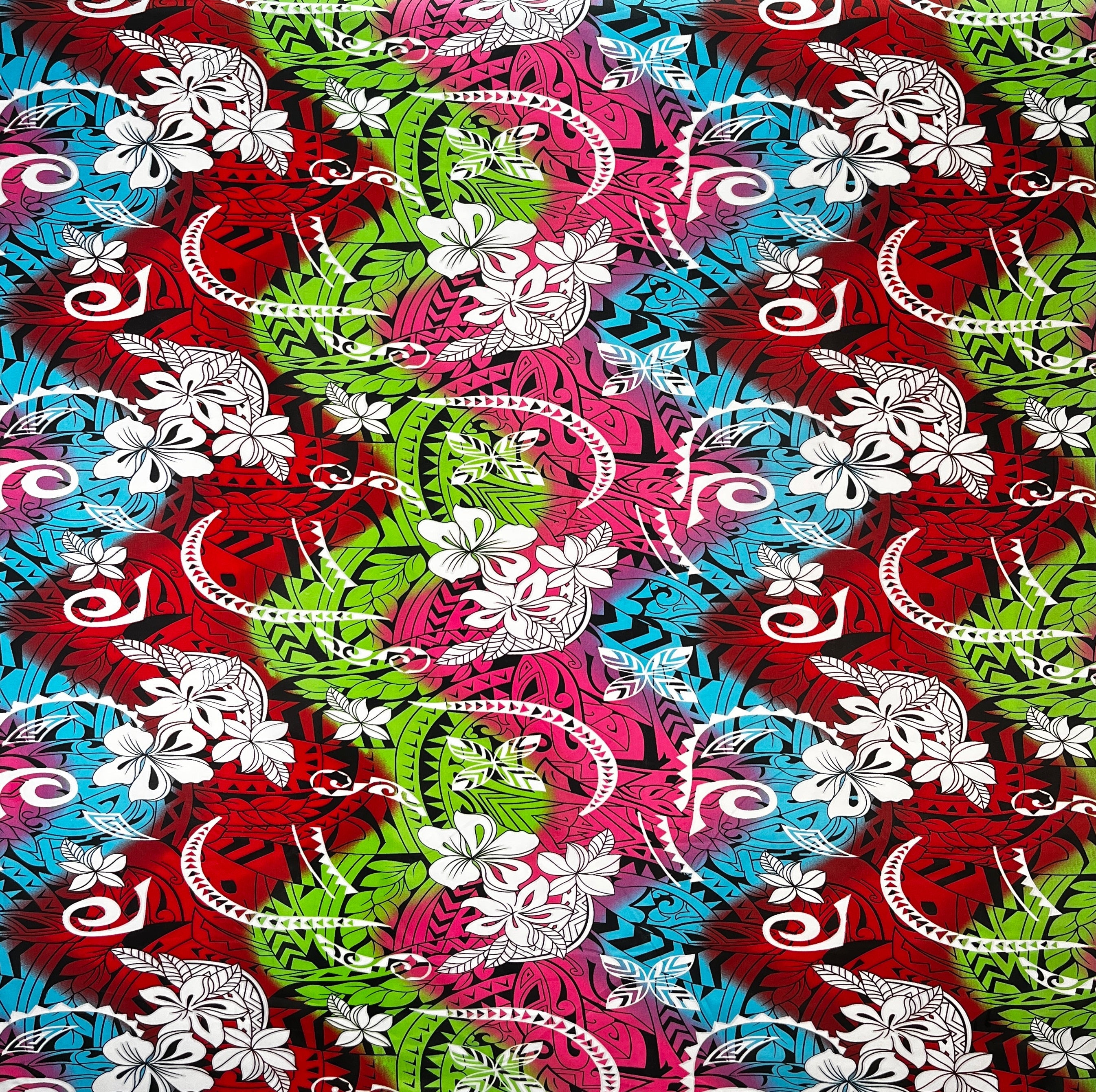 Multicolored Traditional Tattoo & Plumeria Design Polyester Fabric | Islands Fabric
