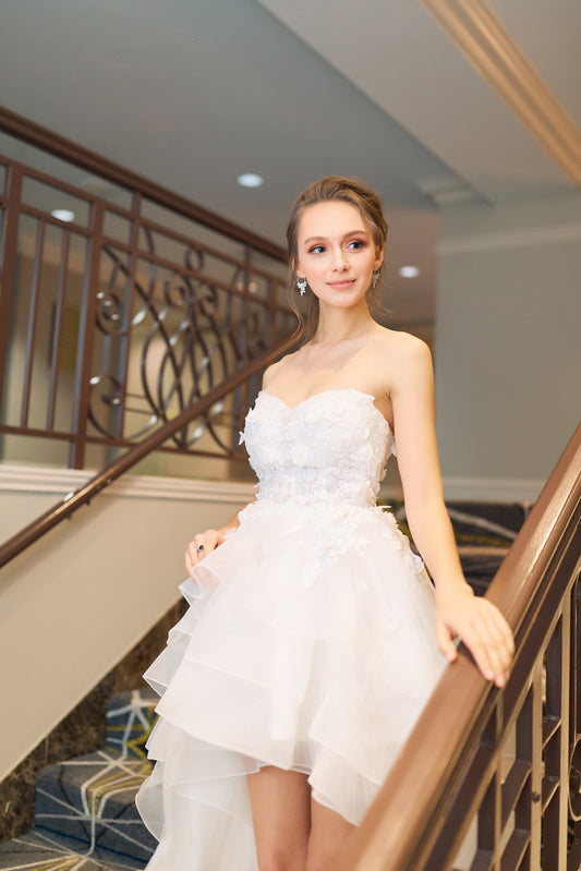 Musa - Strapless 3D Floral Lace Short-long Skirt short white wedding dress with Detachable Sleeves