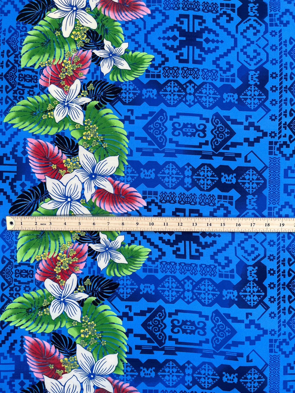 Tropical Flowers and Leaves Double Border Peachskin Fabric | Islands Fabric