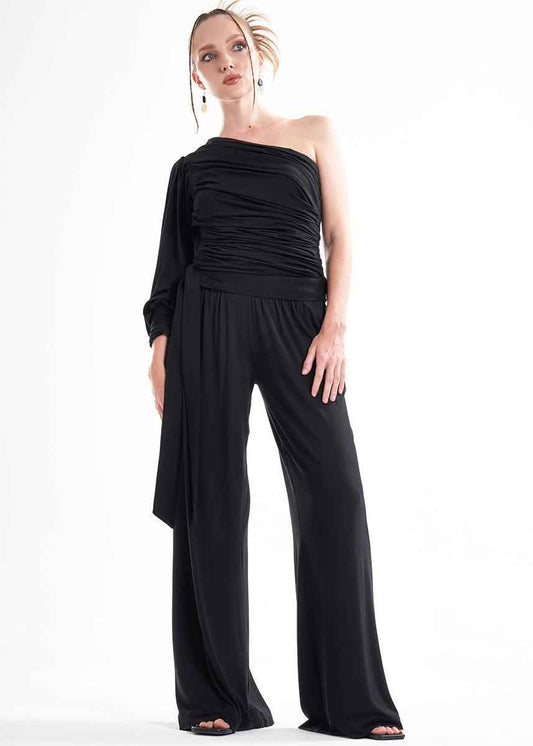Black Knit 2-Piece Set With An Asymmetrical One-Sleeve Blouse And Palazzo Pants