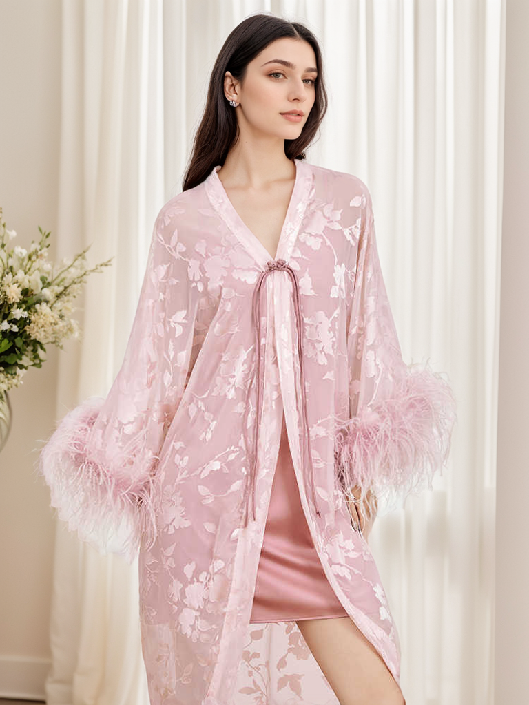 Luxurious Sequin Embroidered Lace Ostrich Feather Robe Set – Blush Pink Elegance