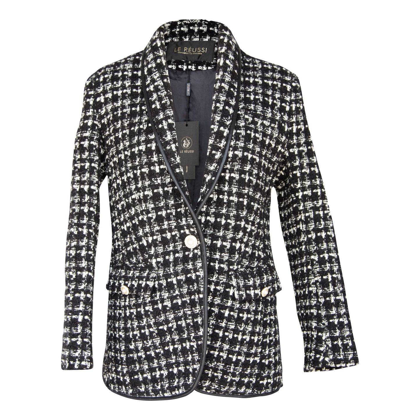 Blazer de tweed a cuadros en blanco y negro: elegante chaqueta de sastre para mujer