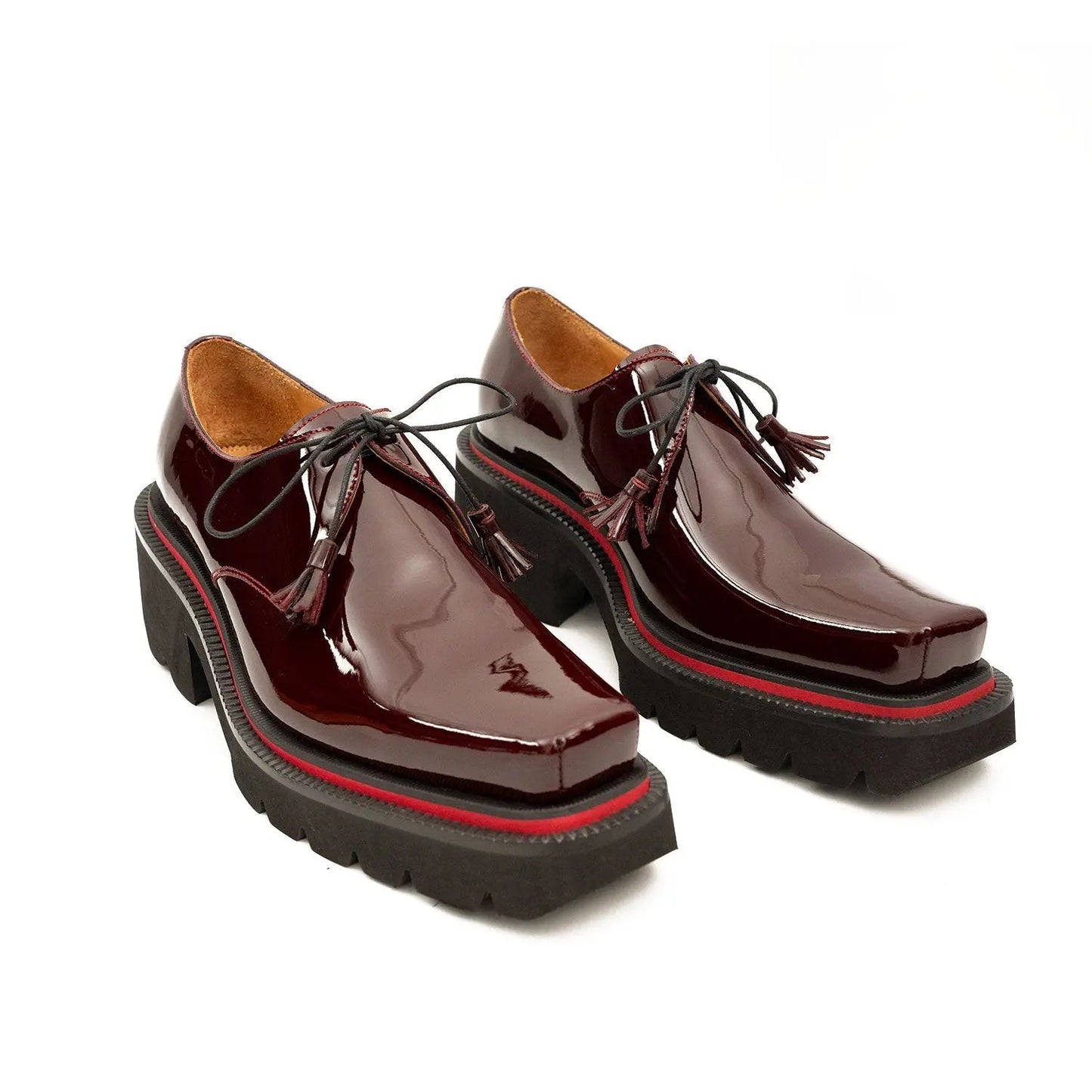 Men's Patent Leather Wine Red Derby Shoes with Chunky Sole