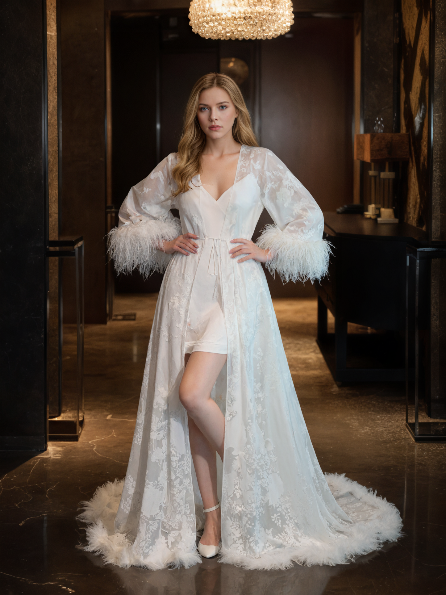 Luxury White Feather Trim Lace Long Robe Dress Set | Bridal Getting Ready & Photoshoot Gown