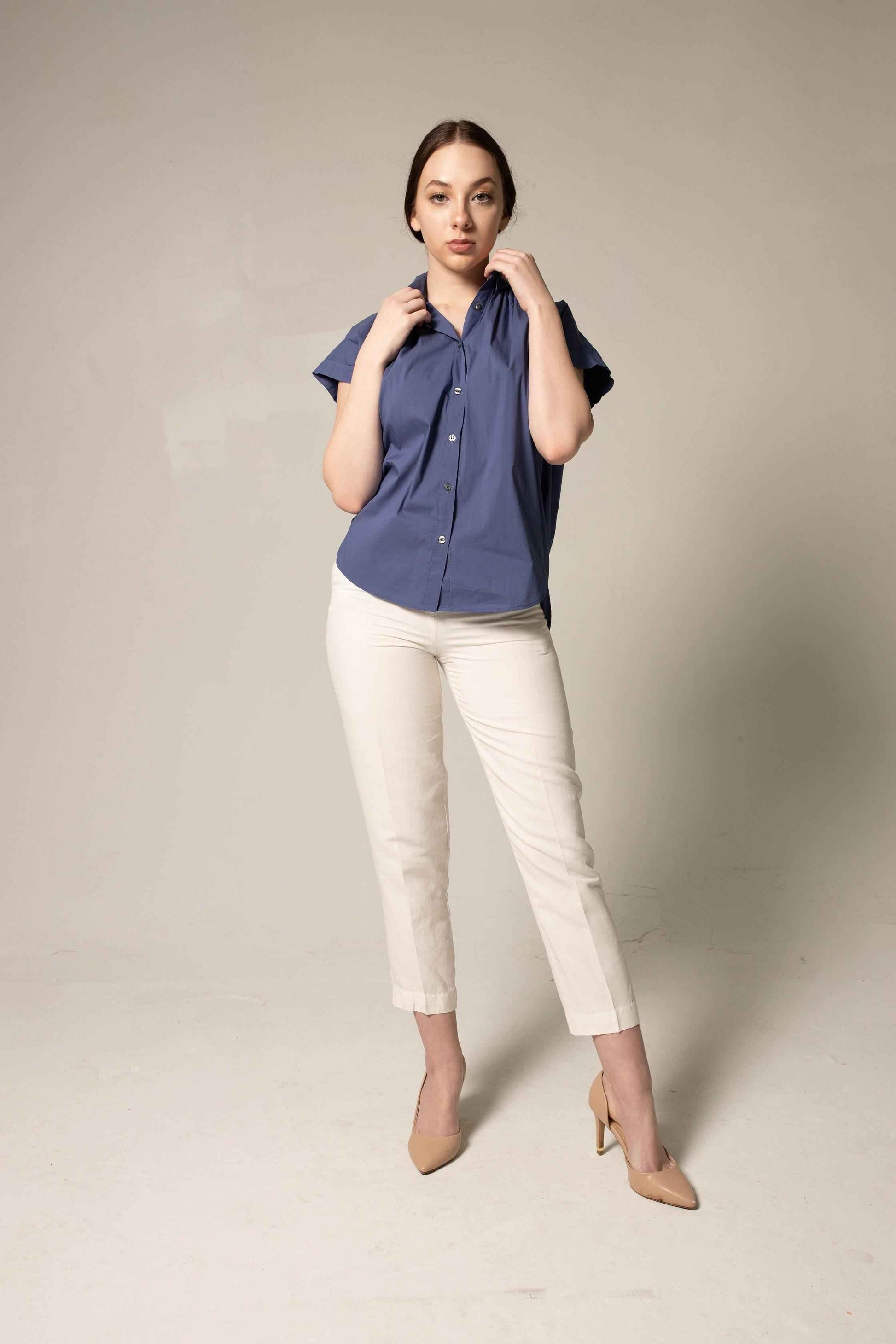 Womens Gather Collar Shirt in Navy – Elegant Blouse