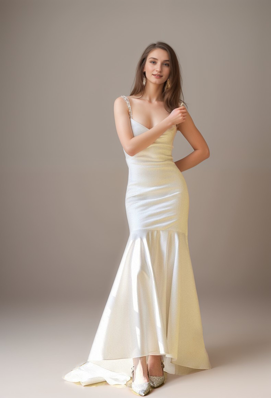 Goddess Style Pearl Beaded Spaghetti-straps Mermaid Satin wedding dress small train