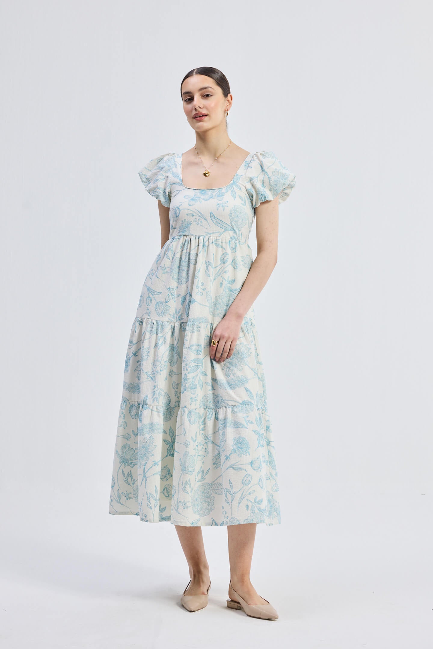 Puff Sleeve Tiered Maxi Dress in Blue Florals - Lolomo!