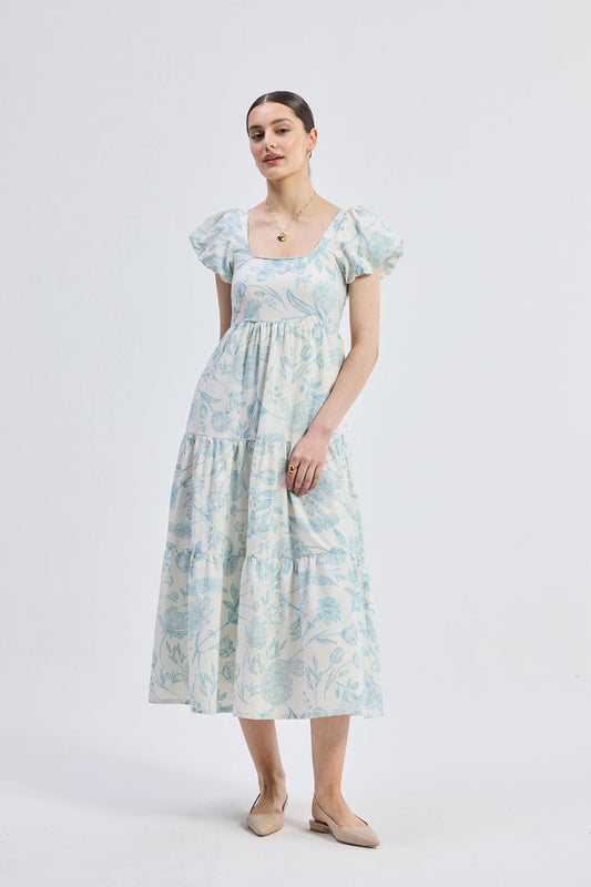 Puff Sleeve Tiered Maxi Dress in Blue Florals - Lolomo!