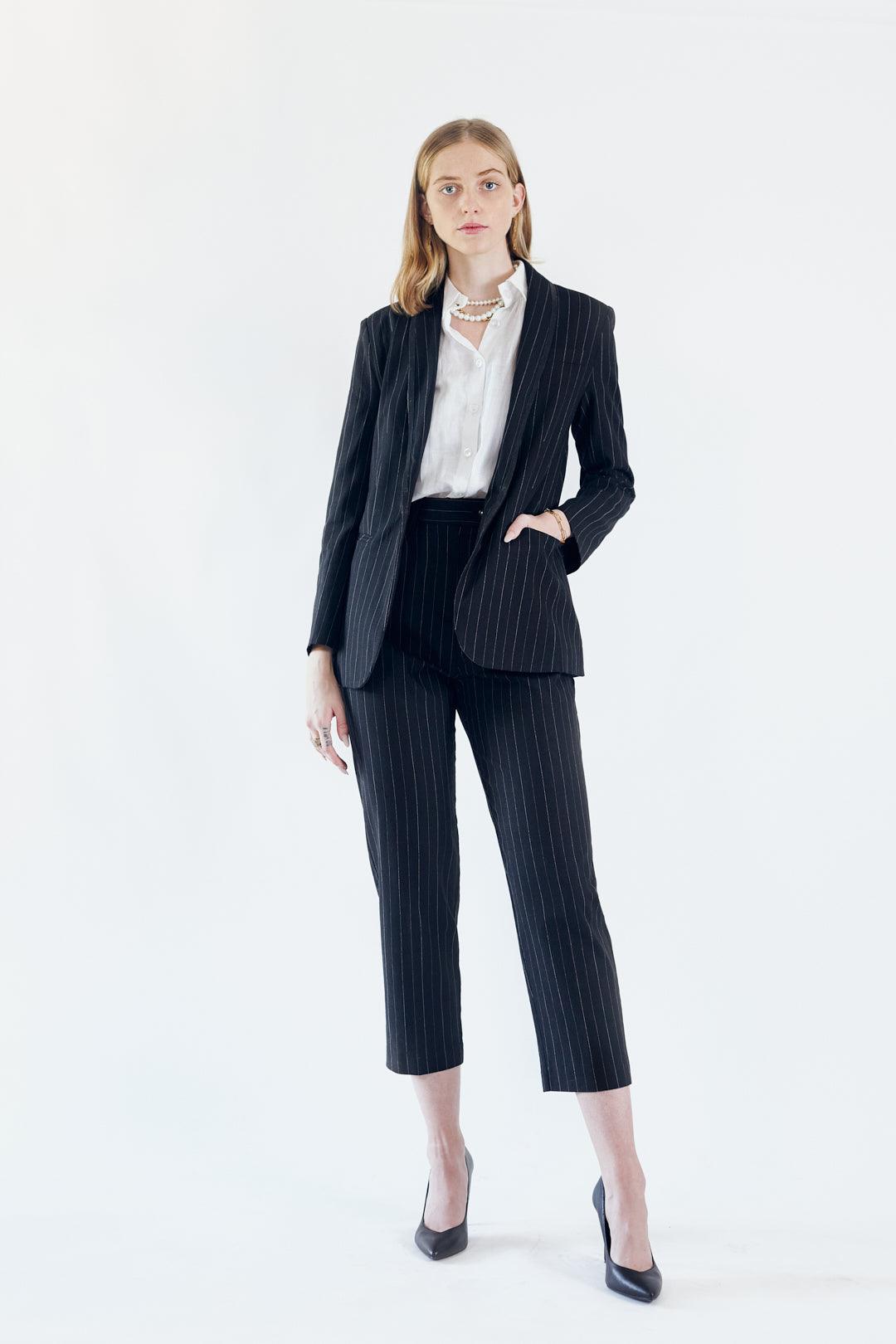 Black Pinstripes Blazer – Women’s Tailored Office Jacket