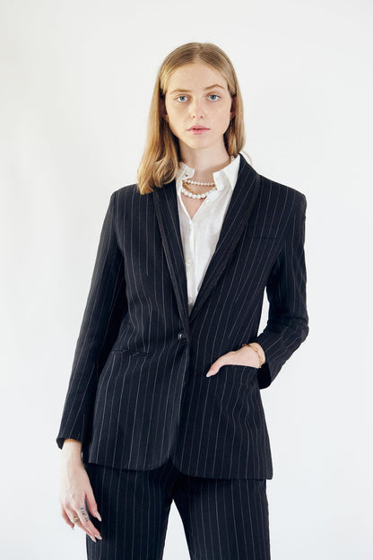 Black Pinstripes Blazer – Women’s Tailored Office Jacket