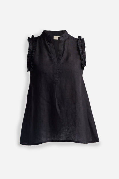 Sleeveless Hemp Top with Ruffles in Black