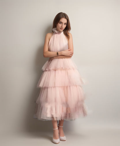 Ruffle Layered tulle Hem Haltered A-line tutu French style long prom dress