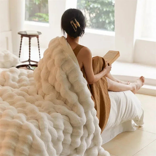 Soft and Cozy Toscana Rabbit Fur Blanket With Double-sided Bubble Fleece - Perfect for Office and Sofa Cover Warm Winter Bed