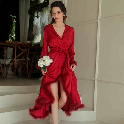 Elegant Satin Feather-Trimmed Robe & Nightdress Set - Luxury Bridal & Lounge Wear