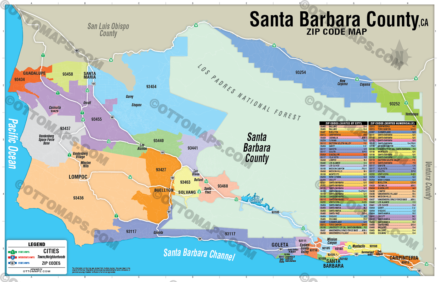 Santa Barbara County Zip Code Map, CA - POSTER PRINTS