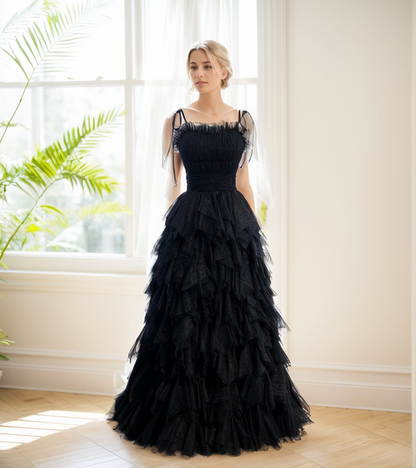 Spaghetti-straps Pleated bodice Ruffle Layered tutu soft tulle prom dress