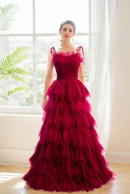 Spaghetti-straps Pleated bodice Ruffle Layered tutu soft tulle prom dress